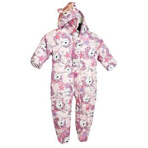 The Childrens Place Girls Unicorn Snowsuit Size 9-12 Month Fleece Lining & Hood